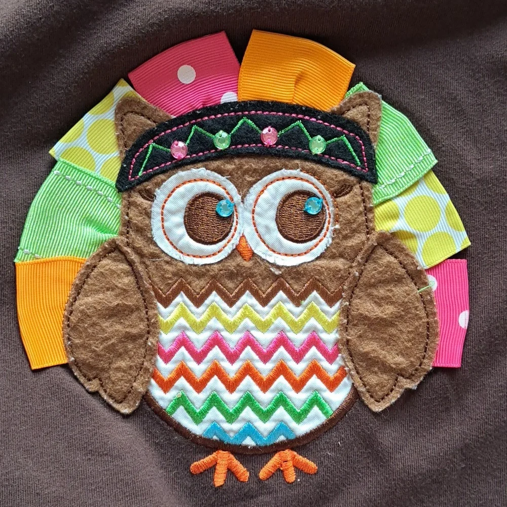 RareToo! Brown Owl Appliqué Chevron Sleeve Tunic Top Fall Thanksgiving Outfit